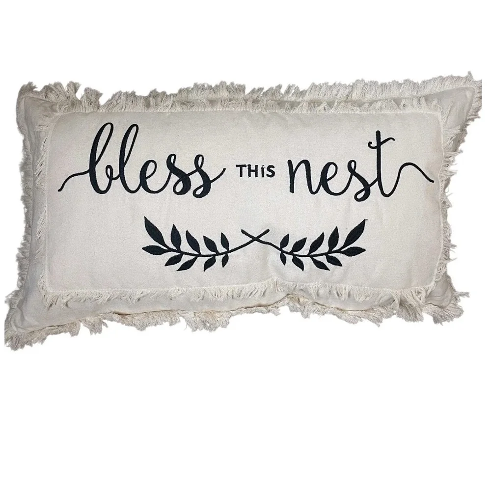 Devi Designs Bless This Nest Pillow 100% Cotton‎ Fringed Lumbar Throw Accent